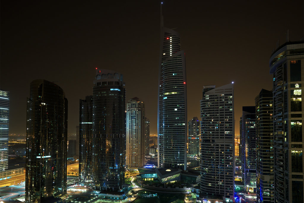 Jumeirah Lake Towers at night from above