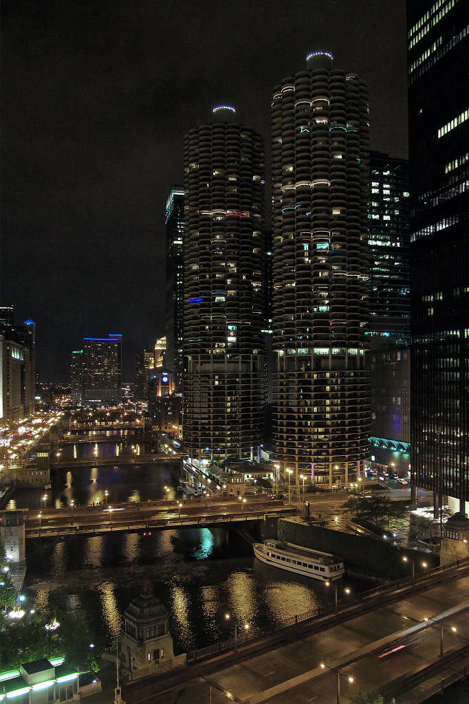 Chicago River with bridges at night from above